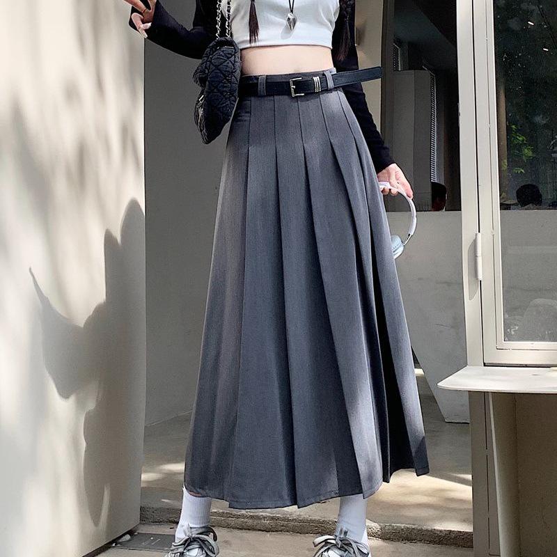 Women's Pleated A-Line Long Skirt, High Waist, Slim, Academy Style, Gray or Black, Autumn