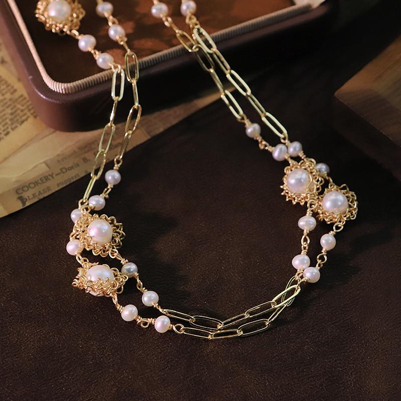 Flower Natural Freshwater Pearl Paperclip Chain Necklace New Design Handmade Necklace Party Accessories Women's Jewelry GN0841