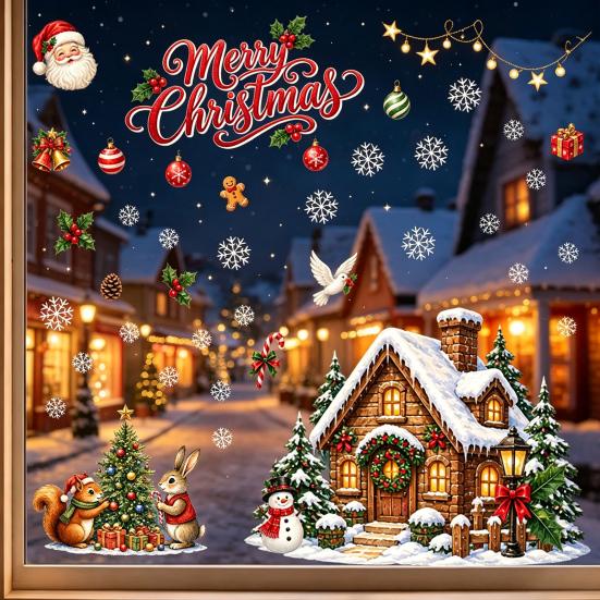 Indoor Window Glass Ornaments Christmas Clings, Snowy Village House Xmas Tree Squirrel Rabbit Clings Sticker, Double-Sided Static Decal for