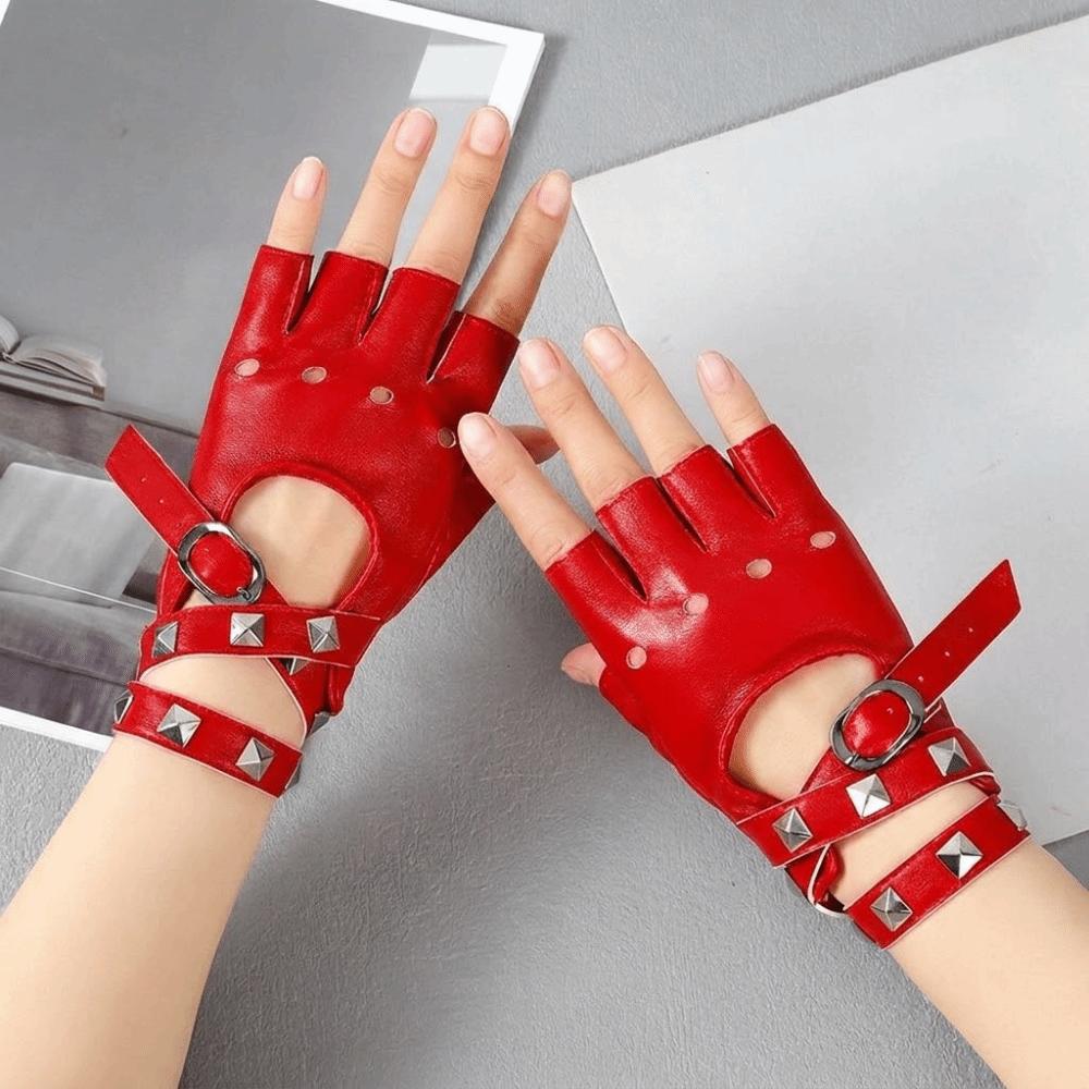 Anti-Slip Half Finger Gloves Cool Fingerless Mittens Unisex Rivets Belt Wrist Gloves  Hip-Hop