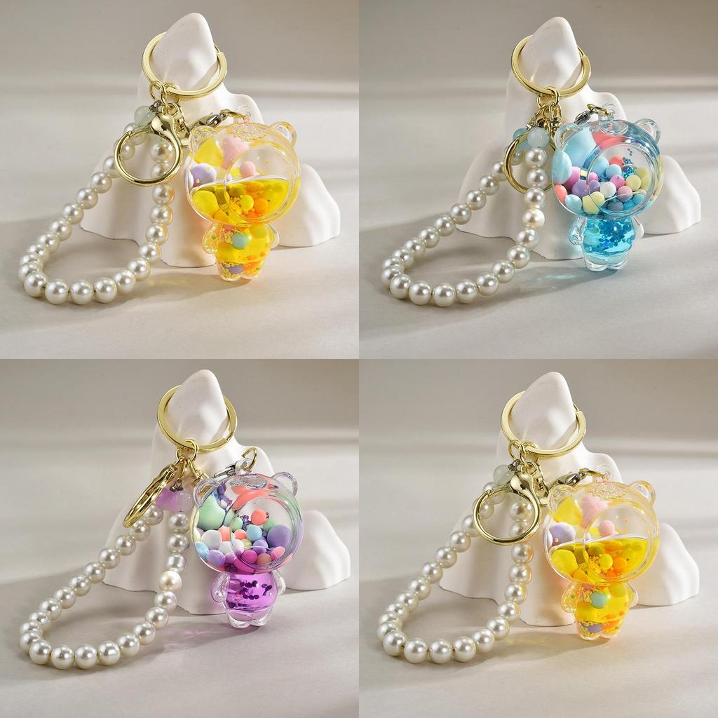 Acrylic Colorful Bead Bear Keyring With Pearl Chain For Children Gift And Celebration