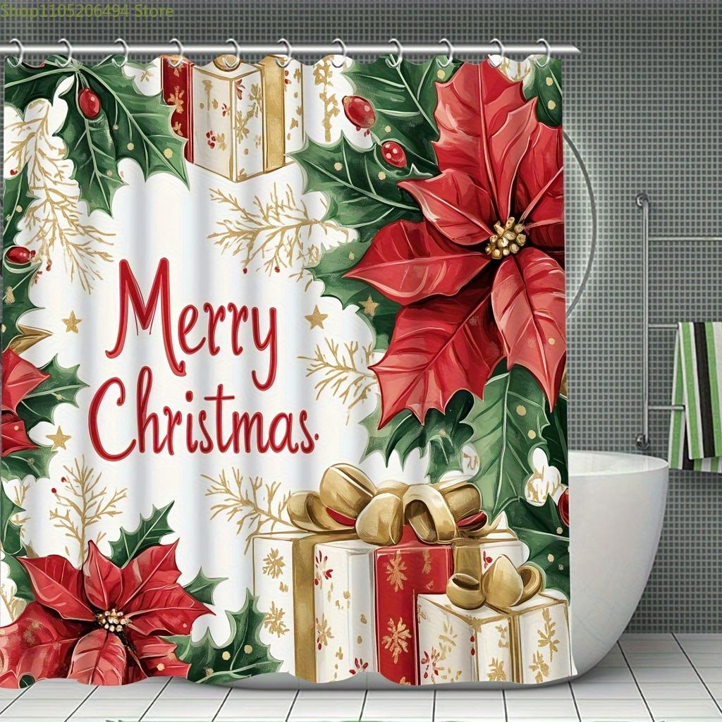 1/4pcs Merry Christmas Winter Shower Curtain Set, Ball Poinsettia Gift Box Bow Vintage Red Green Shower Curtain for Christmas