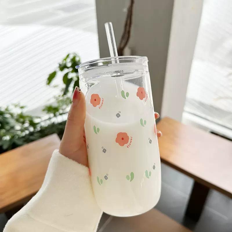 Kawaii blomma glaskopp med lock sugrör Söt apelsin kaffemugg Mjölkdrycker Koreanskt vatten Juice Tekopp Dryckesgods Present 600ml