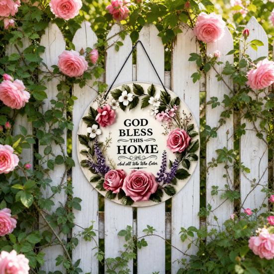 Gott Segne Dieses Haus Holzschild für Tür, Runde Florale Wanddekoration, Christliches Glaubens-Segensschild, Warme Willkommens-Veranda-Hängedekoration, Bedeutungsvolle Einweihungsfeier