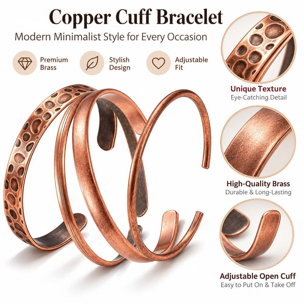 4PCs Pure Copper Cuff Bracelet Adjustable Bangle Jewelry Stylish Copper Bracelet  for Men and Women