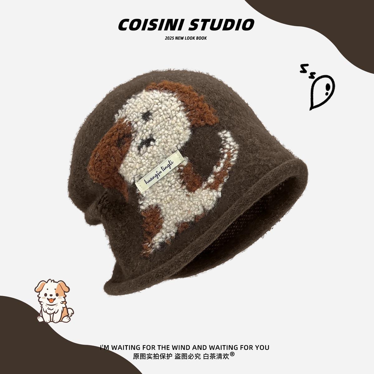 

Japanese cute cartoon puppy knitted pile hat girl winter ear protection show face small big head circumference sleeve cold hat One size fits all колір темно кави