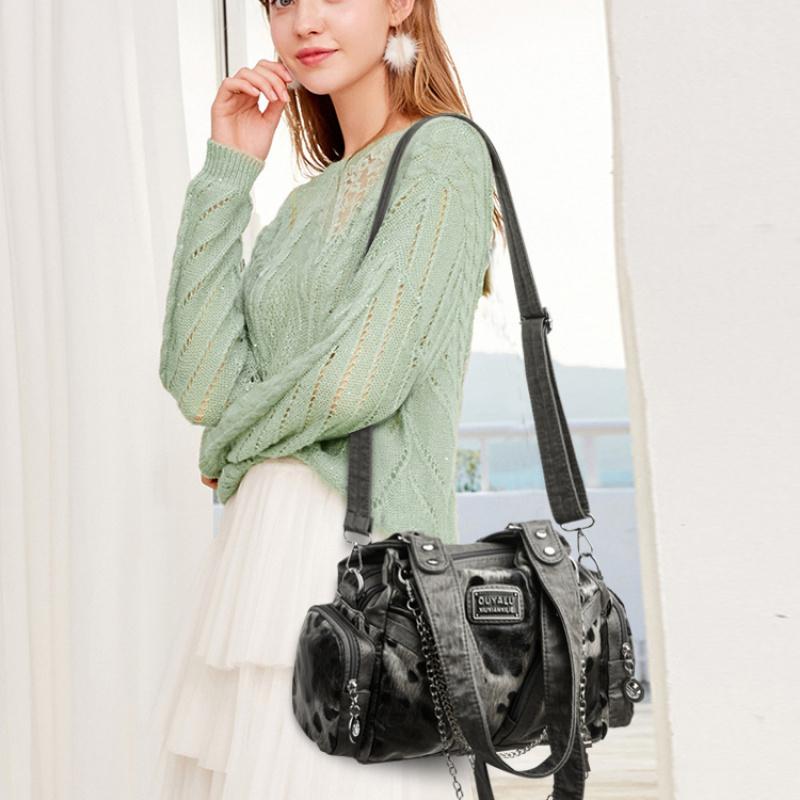Women Y2K Leopard Print Faux Leather Shoulder Bag, Gothic Chain Butterfly Crossbody Handbag, Large Capacity Multi Pocket Punk Style Daily Travel Tote