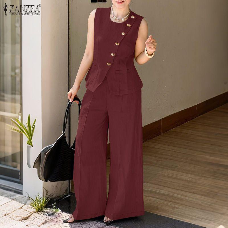 ZANZEA Dame Ermeløse Vesttopper og Bukser Sommer Todelt Draksett