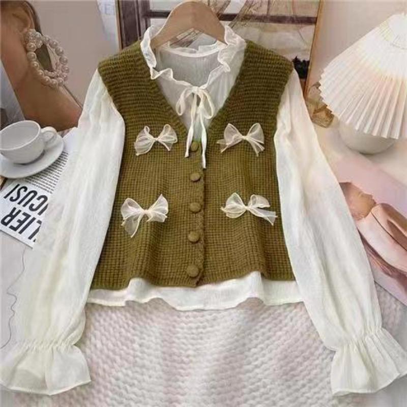 

Уникальный маленький бант V-образный вырез Без рукавов Жилет Женский Весна Осень Приталенный Короткий Вязаный Жилет 2XL