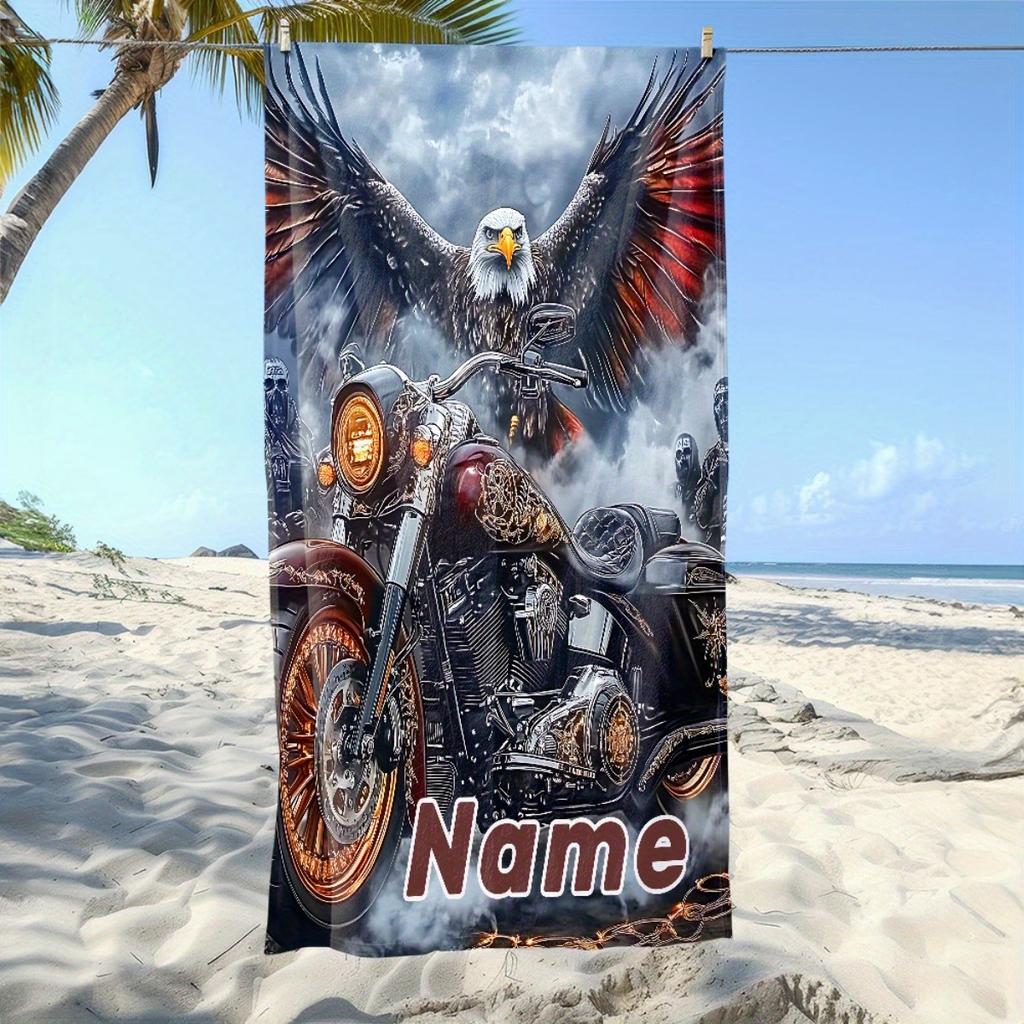 Custom Eagle Motorcycle Beach Towel Personalized Name Biker Microfiber Bath Towels Soft Quick Dry Swimming Pool Lounger Gift