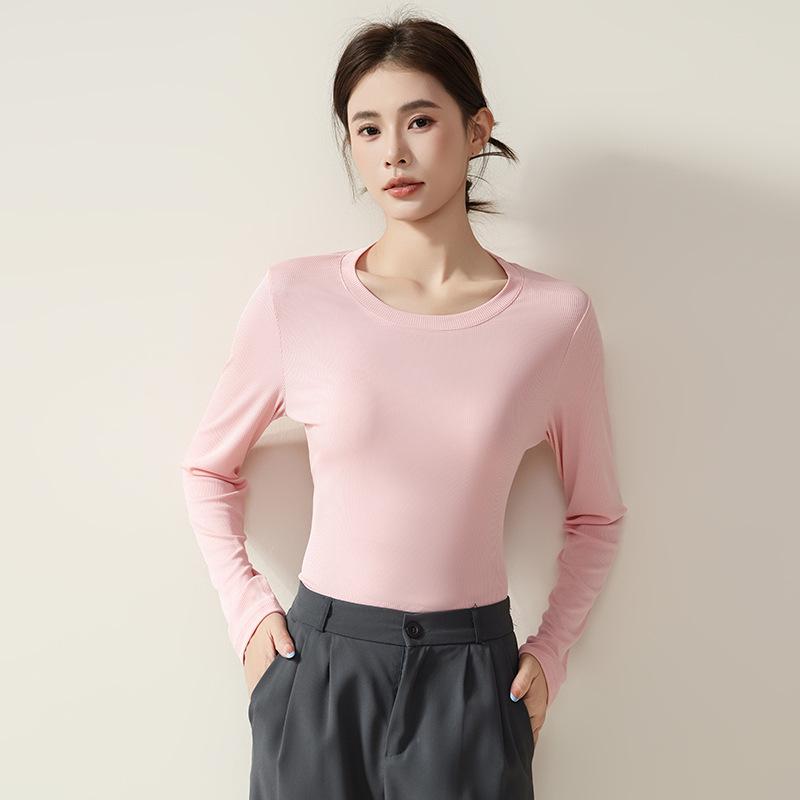 Women's Round Neck Ribbed Ice Silk Base Layer T-Shirt for Autumn/Winter - Slim Fit, Solid Color, Ideal for Yoga & Dance