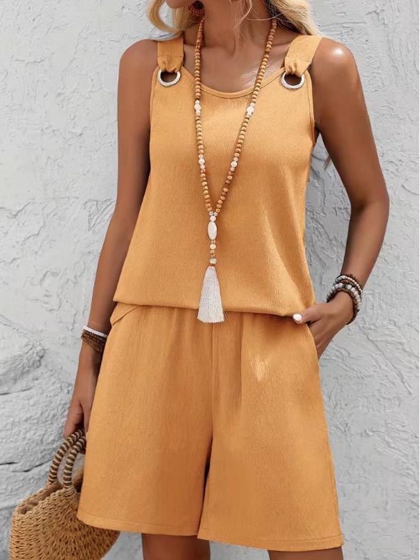 2026 Spring/Summer European and American Style Round Neck Solid Color Two-Piece Sleeveless Shorts Set for Women.