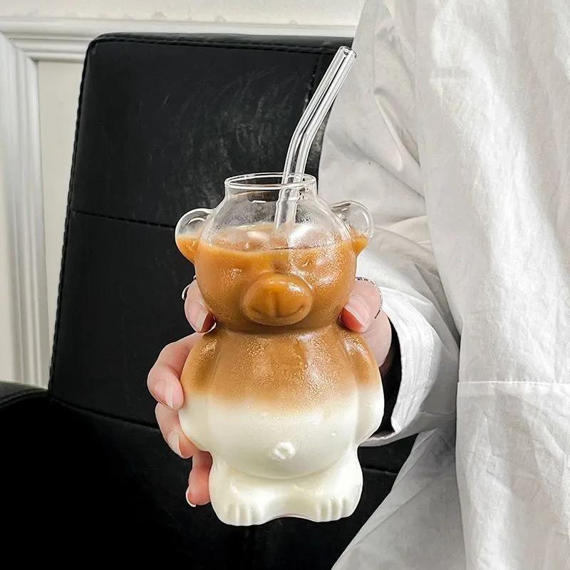 320ml Cute Glass Bear Cup with Straw Coffee Milk Cocktail Beverage Juice Cups Durable Drinks Glassware Christmas Birthday Gifts
