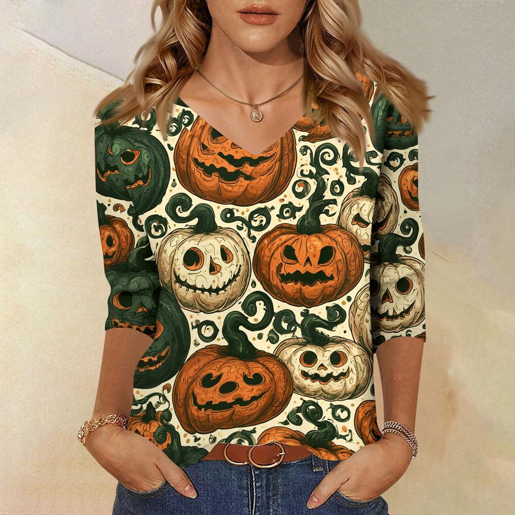 Women's Casual Halloween Print V Neck Three Quarter Sleeve Top Lightweight Loose Fit Pullover Shirt for Fall Seasonal Wear