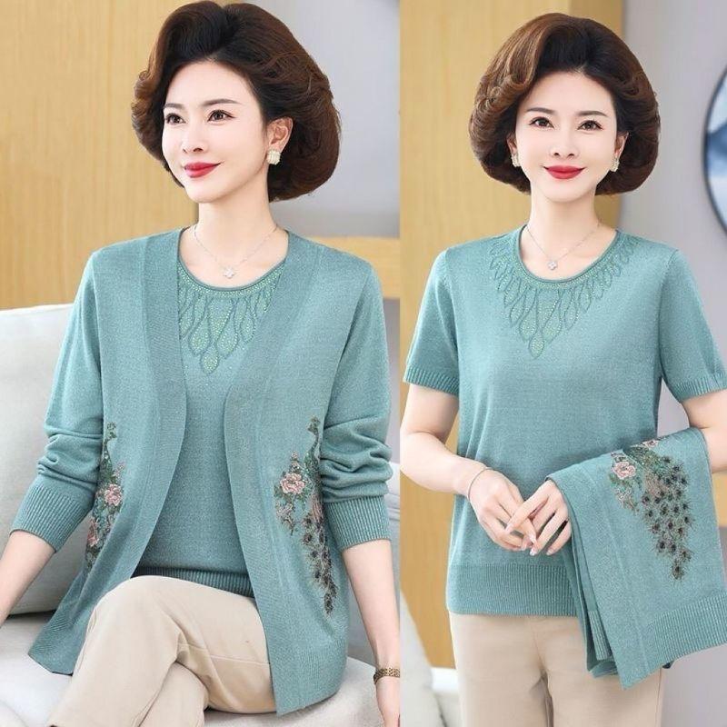 

Комплект из 2 вязаных топов Весна Осень Женский Тонкий Вязаный Кардиган Куртка Вышивка Короткий Рукав Вязаная Футболка Комплект из двух предметов Наряды 5XL