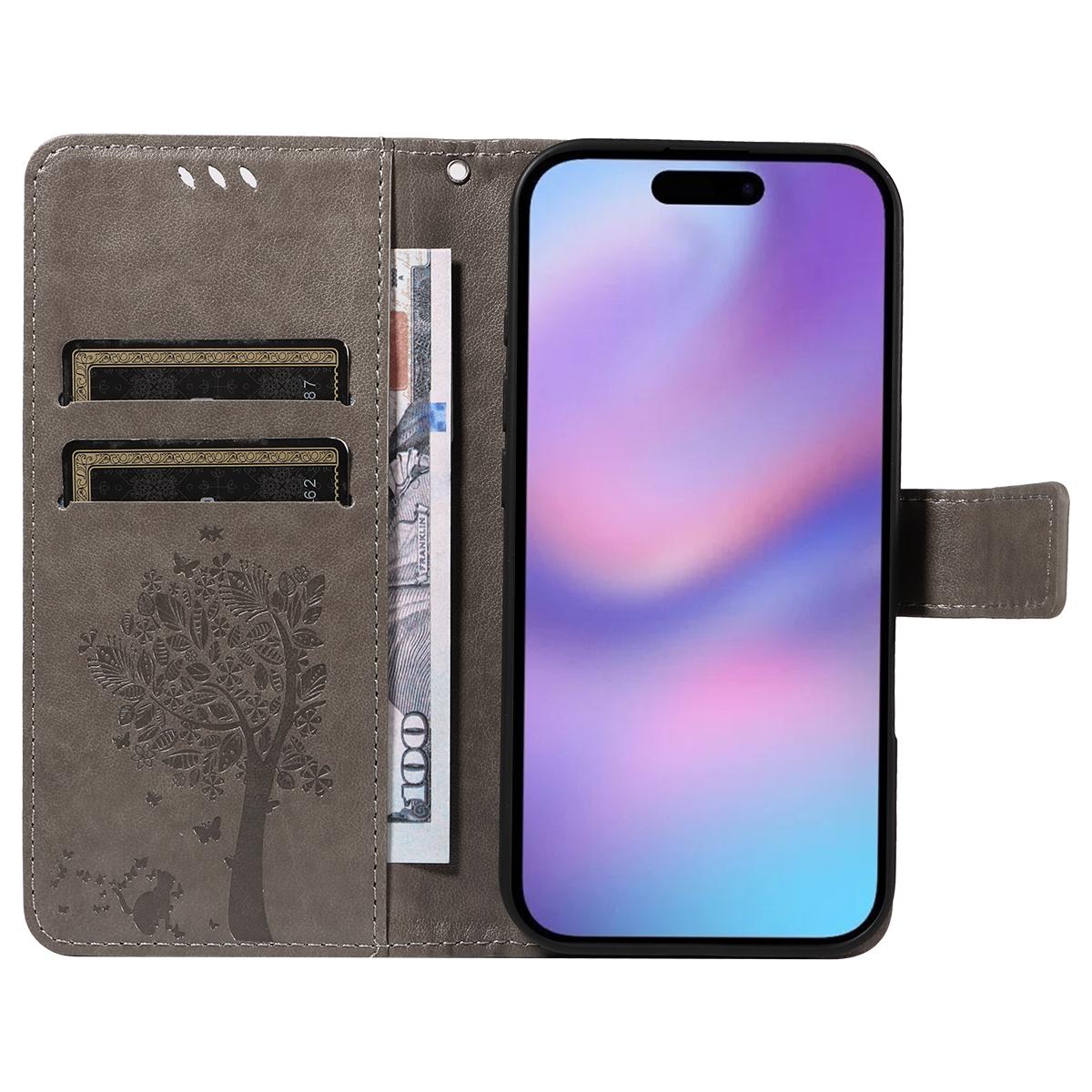 

For iPhone 17 Phone Case with Stand Cat Tree Pattern Leather Wallet Mobile Cover Pink