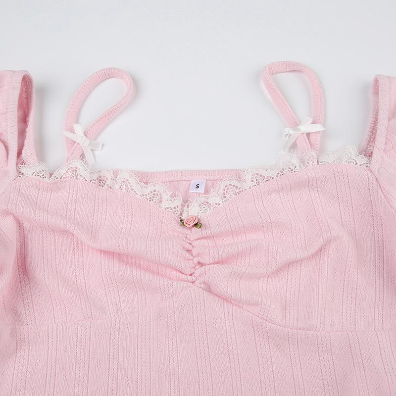 Γυναικείο T-shirt με τετράγωνο λαιμό με φιόγκο με μακρυμάνικο πλισέ