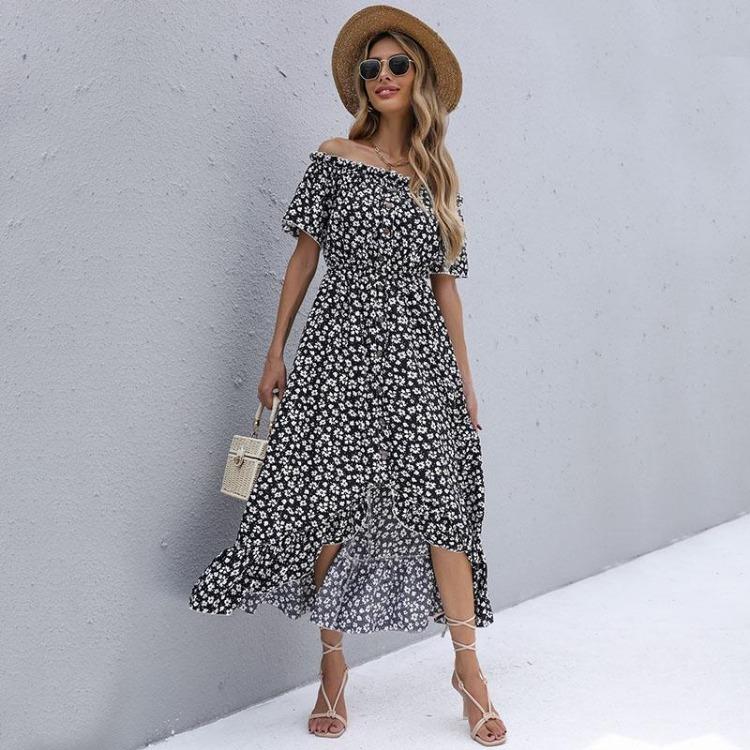 Women Casual Summer Floral High Waist Slash Neck Short Sleeve Irregular Long Dress S-XL