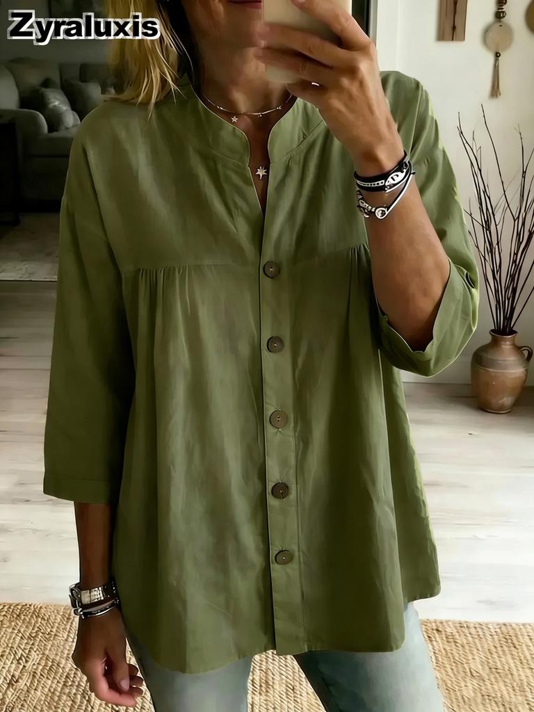 New Spring/Summer Cotton Linen Shirt for Women, Fashion Casual Retro Vintage Art Style Pure Color Short Sleeve Top