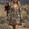 Women's Vintage Floral Long Sleeve Dress Bohemian Style