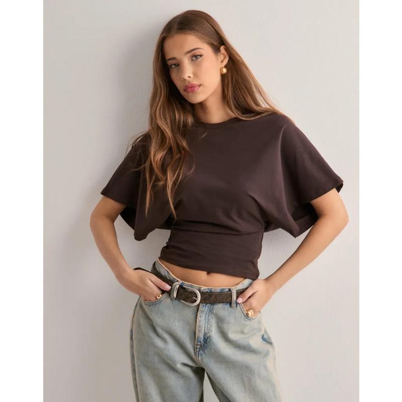 Women's Solid Color Crew Neck Batwing Short Sleeve Cropped T Shirt Casual Loose Fit Basic Blouse Top