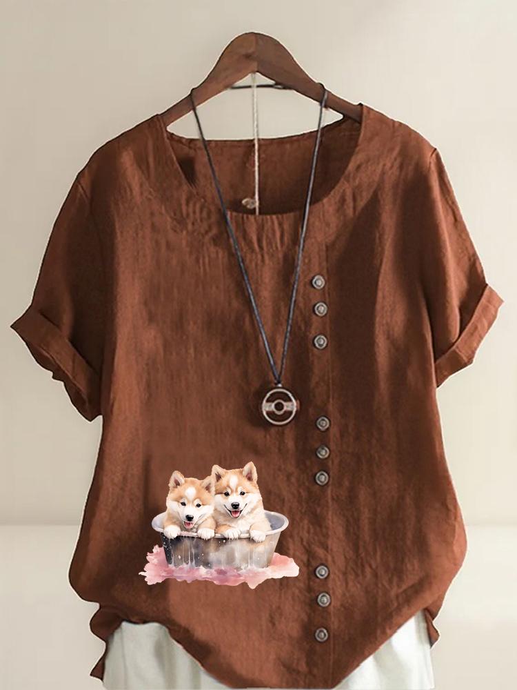 Women's Fashion Couple Dog Print Round Neck Short Sleeve T-shirt Summer Casual Cotton Linen Graphic Shirt Leisure Loose Blouse Tops