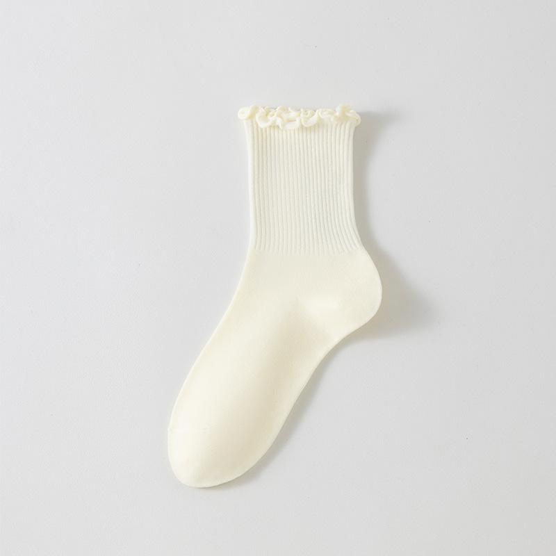 Women's Mid-Calf Lace Socks: Black Edge, Solid Color, Versatile Japanese Style, Four Seasons, Perfect for Mary Jane Loafers