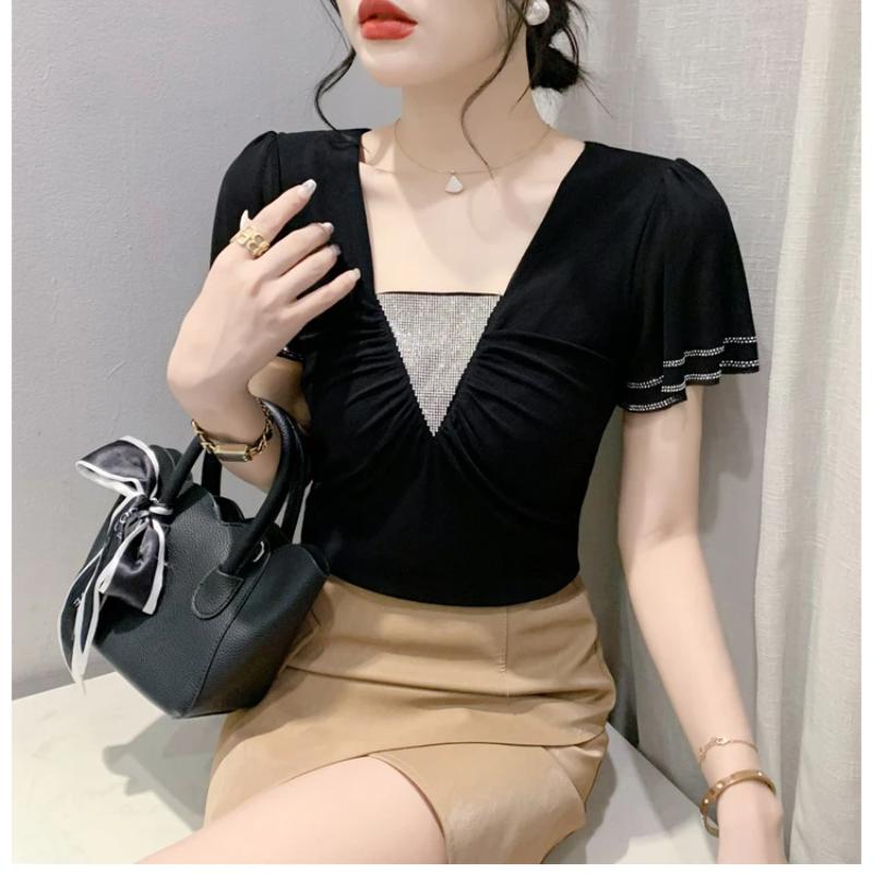 New Summer Women Tops Sexy V-Neck High Stretch Slim T-shirts Female Short Sleeve Mesh Hot Diamonds Tees All Match Casual Blusas