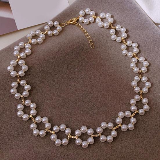 Women Choker Necklace Faux Pearl Hollow Out Flower Shape Short Adjustable Extended Length Luxury Polished Lady Neck Decoration Jewelry Women Party