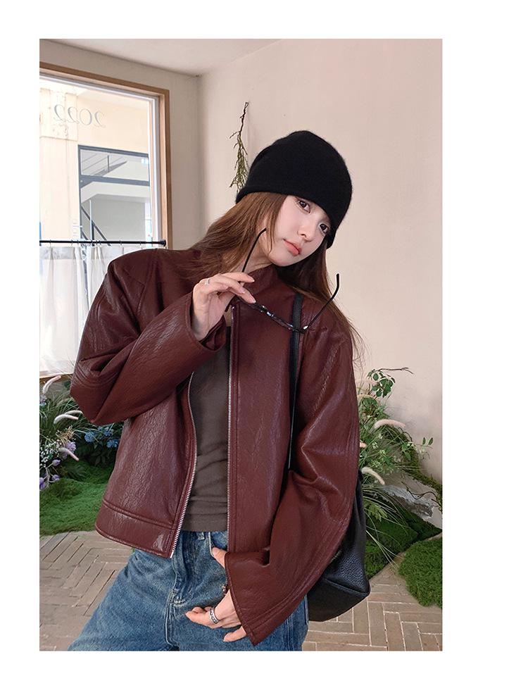 American Ankola Women's Red Retro PU Leather Jacket - Autumn 2024 Fashion