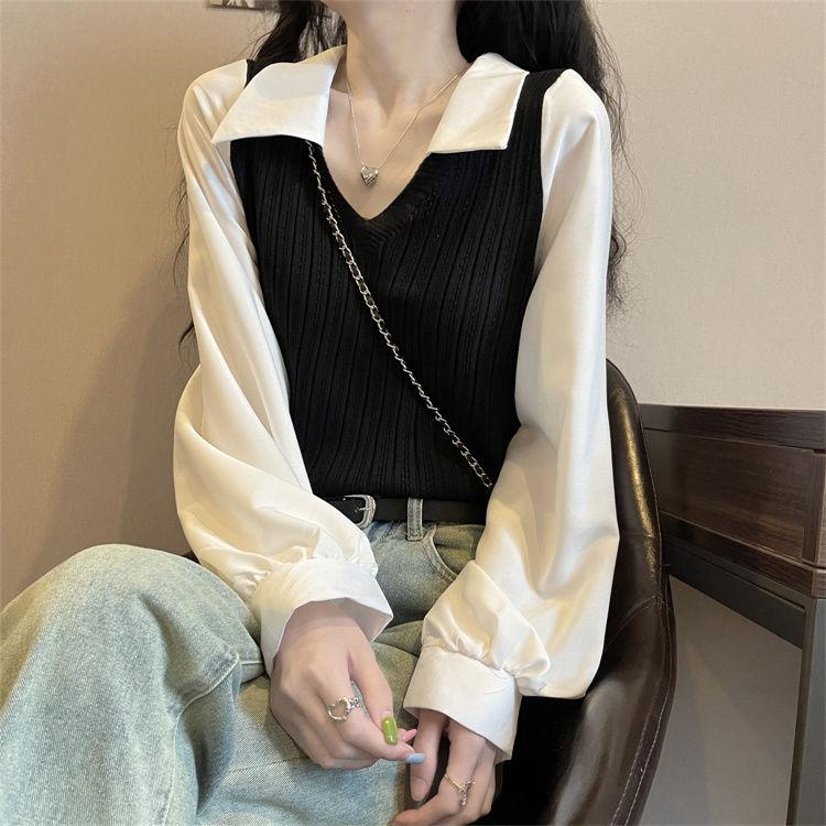 Spring and Autumn V-neck Spliced Lapel Lantern Sleeve Fake Two Piece Short Knitted Top Women's Long Sleeve