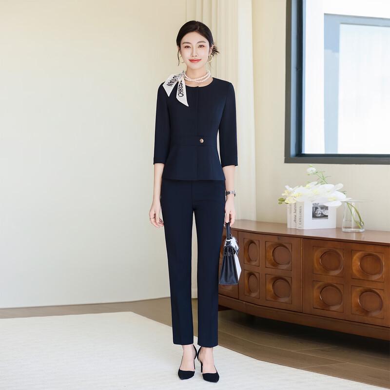 

Teloman Women s Dark Blue Three-Quarter Sleeve Business Suit Set XL