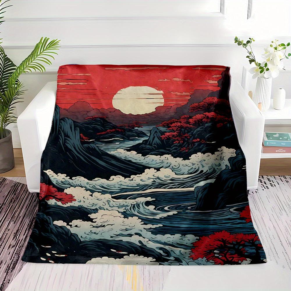 Japanese-Inspired Sun and Mountain Scenery Print Throw Blanket - Soft, Warm Flannel Fabric, Reversible, All-Season Comfort for