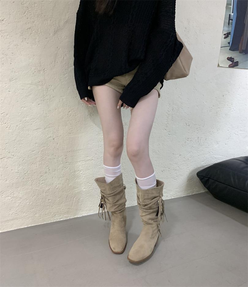 

Винтажные плетеные сапоги с бахромой на толстом каблуке, высокие, осень-зима 2025, тонкие остроносые сапоги в стиле вестерн, сапоги на наборном каблуке 39 хаки