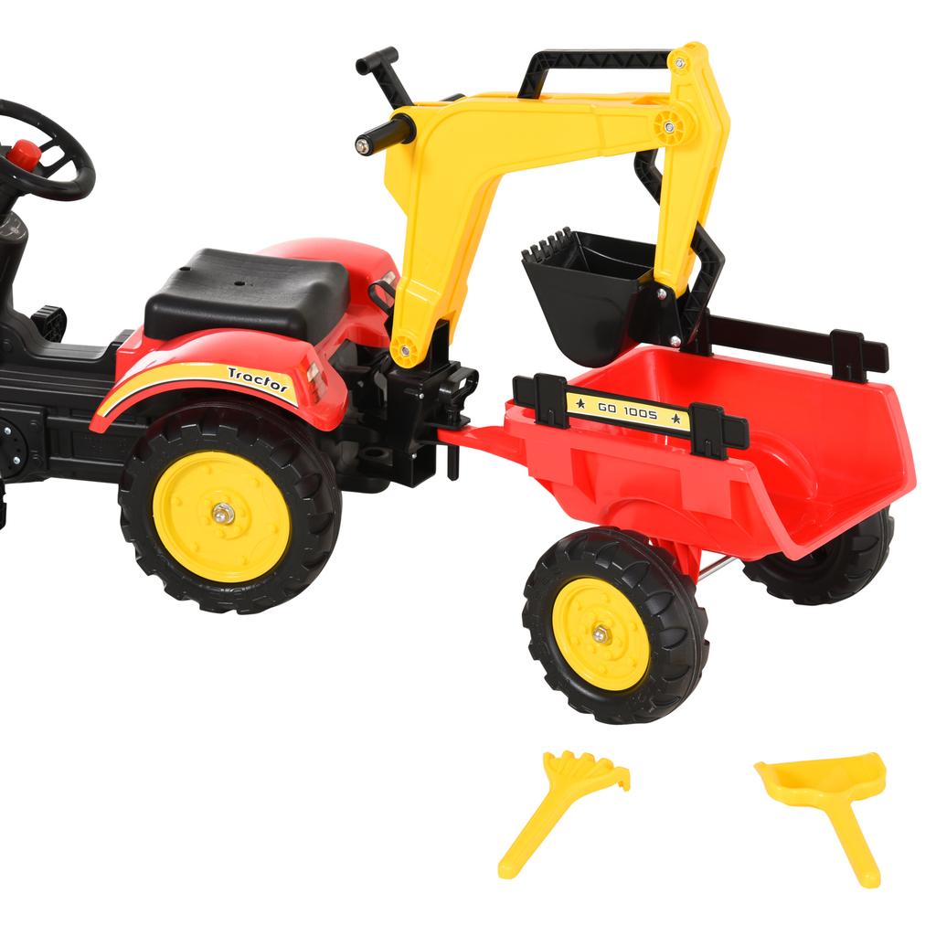 Pedal Tractor with Trailer, Front Loader, Adjustable Bucket, Tractor Pedal Vehicle for Children from 3 Years Red
