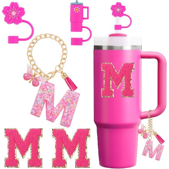 Cup Accessories Set for Stanley Cup 30oz 40oz tumbler with handle, Including Silicone Straw Topper Cover Cap, Handle Charm, Initials Sticker Fuchsia
