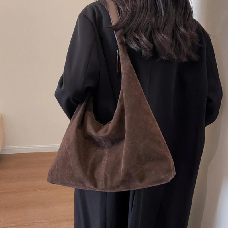 Vintage Suede Large Capacity Women Tote Bag Autumn Winter Commute Shoulder Crossbody Bags Trend Underarm Bags