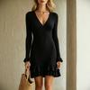 Women's Deep V Neck Long Sleeve Ruffled Hem Ribbed Mini Dress Multi Color Casual Fit