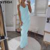VONDA Women Sling Sleeveless Front Ruffled Thin Bodycon Long Party Dress