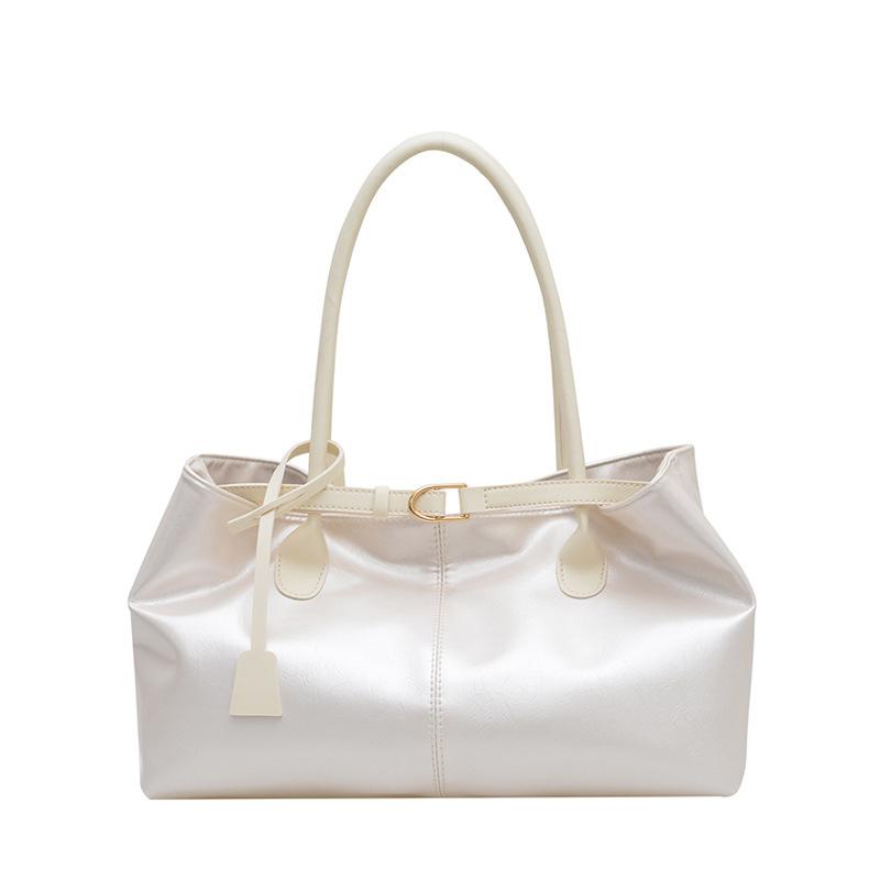 Retro Shiny Pleated Tote Bag For Women Casual Shoulder Bag With Metal Buckle Belt Decoration For Daily Work Shopping Travel