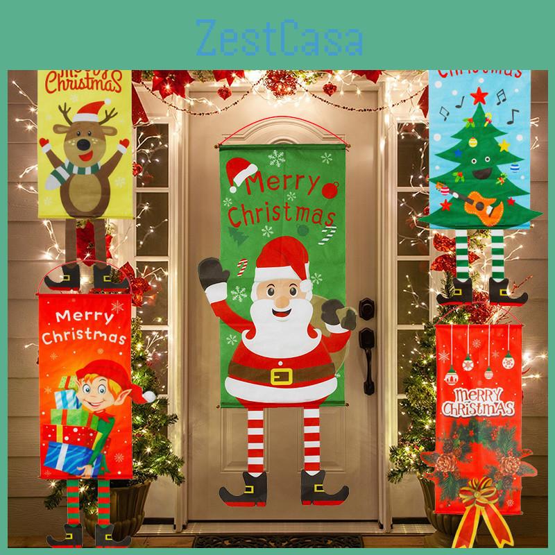 Vibrant Christmas Porch Door Banner Flag With Rudolf And Santa Claus