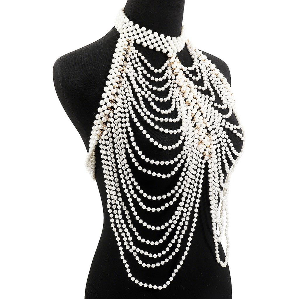 Fashion Body Chain Handmade Woven Shawl Pearl Tassel Wave Dress Wedding Costume Accessories