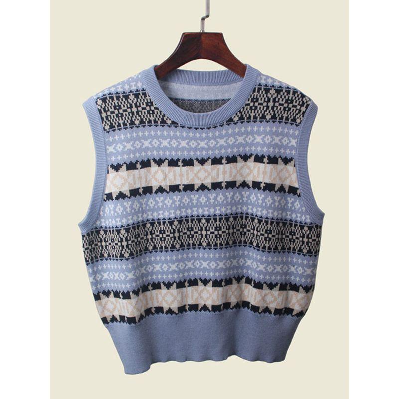 French Style Design Niche Style Knitting Vest Women's Fall and Winter Bandage Dress round Neck Embroider Jacquard Sleeveless Vest Waistcoat