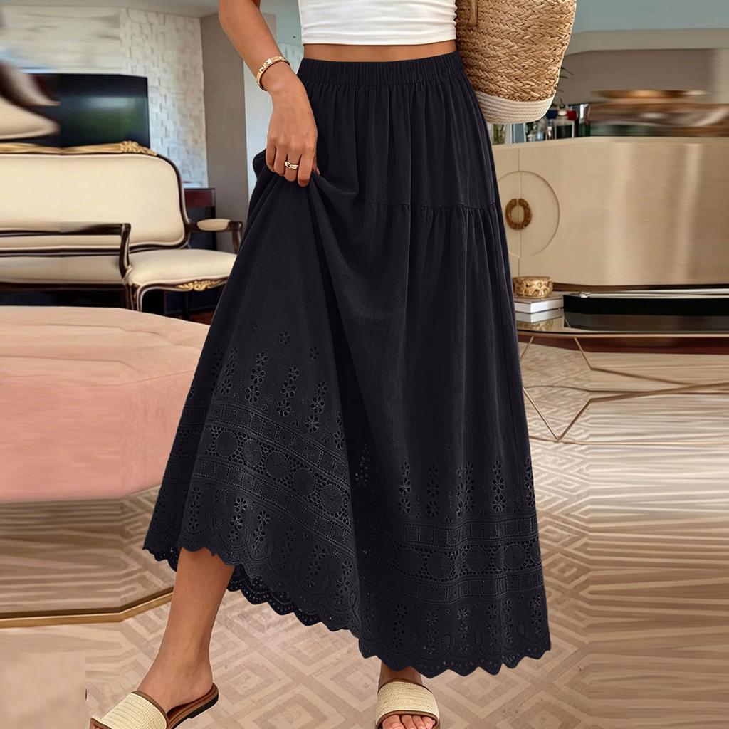 Vestido Largo Casual Lindo Elástico de Cintura Alta -Ojo Línea A
