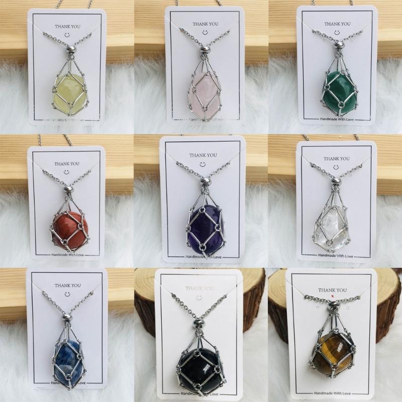 Handgjord Justerbar Kristallbur Halsband Natursten Nät Hållare Hänge Halskedja Snyggt Halsband Elegant Accessoar