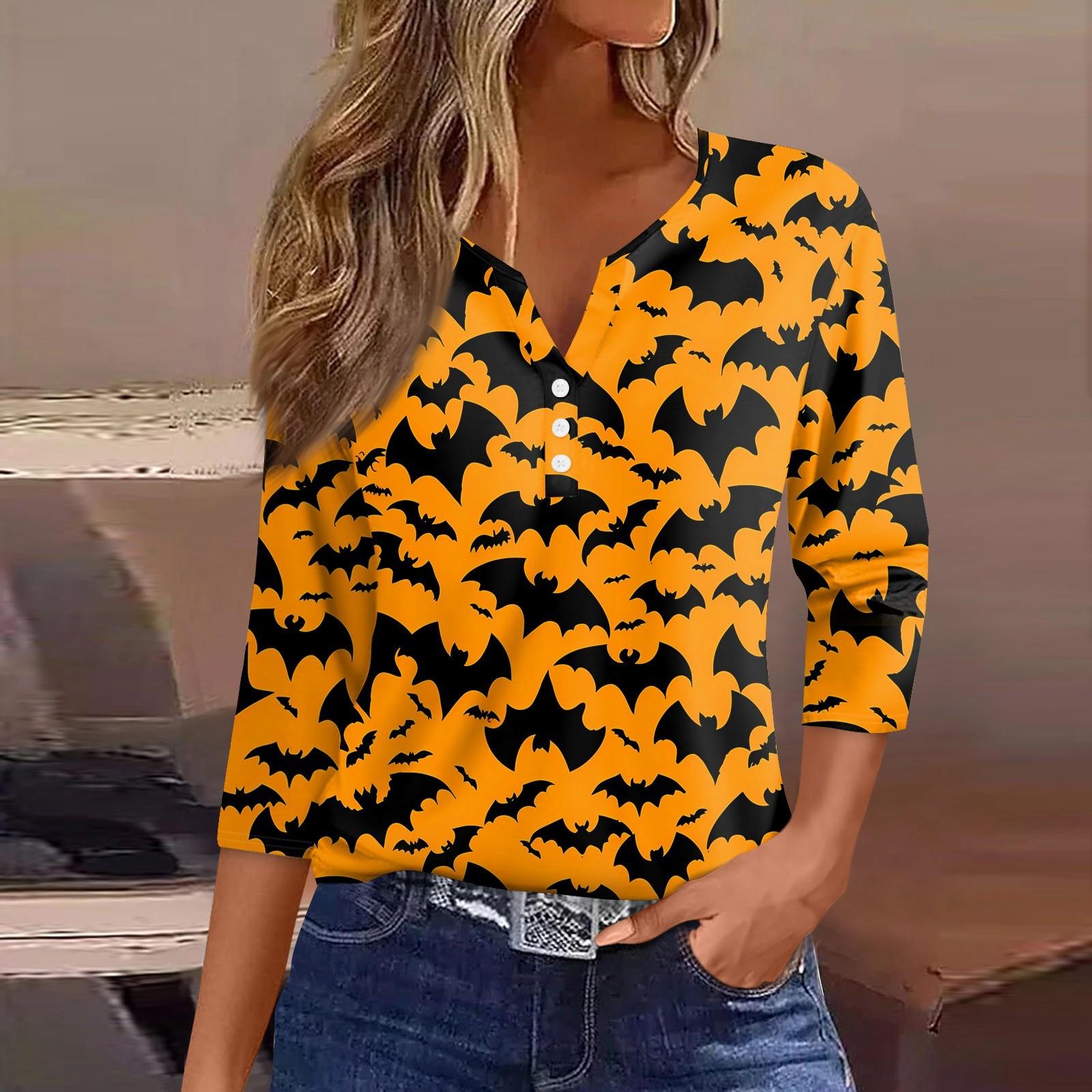 

Женская футболка с принтом на Хэллоуин, на пуговицах, рукав 3/4, повседневная мода на выходные, базовый топ с V-образным вырезом S оранжевый