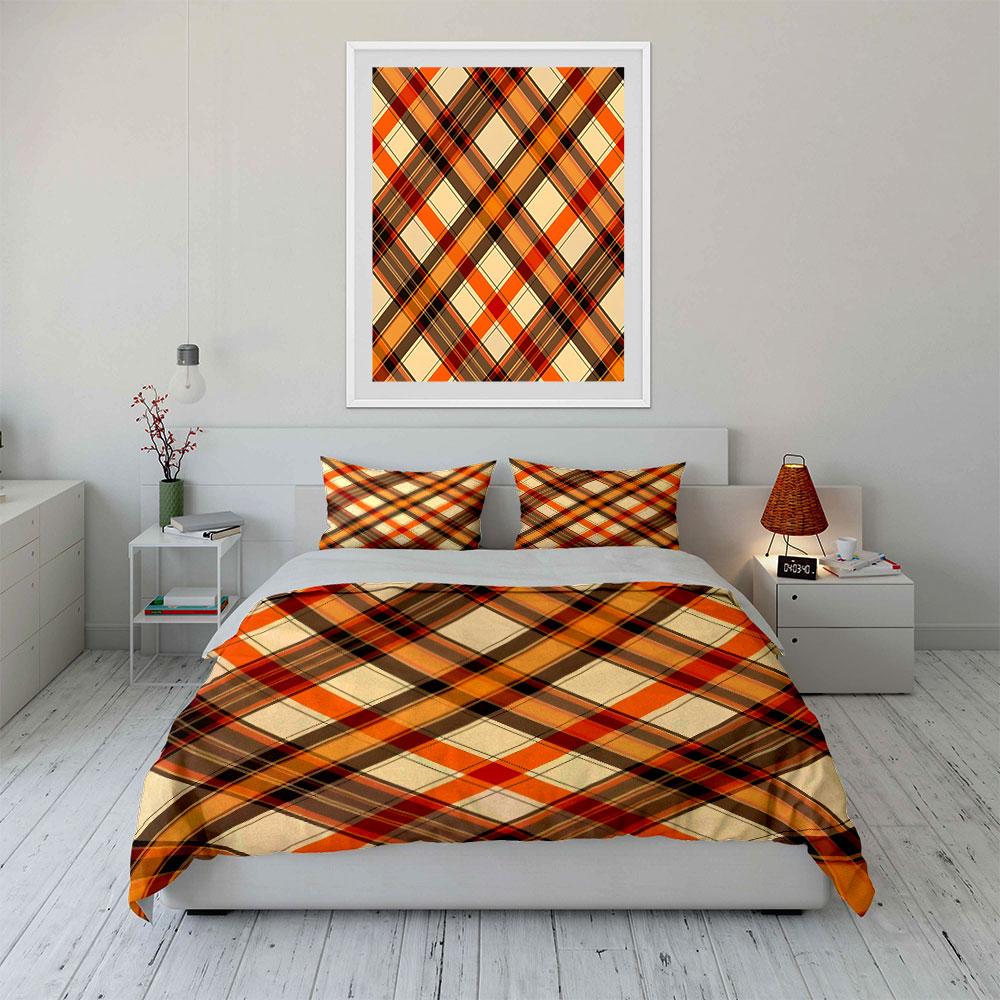 3Pcs Autumn Plaid Bedding Set, Warm Orange and Brown Tartan Print Duvet Cover + 2 Pillowcases, Fall Season Decor