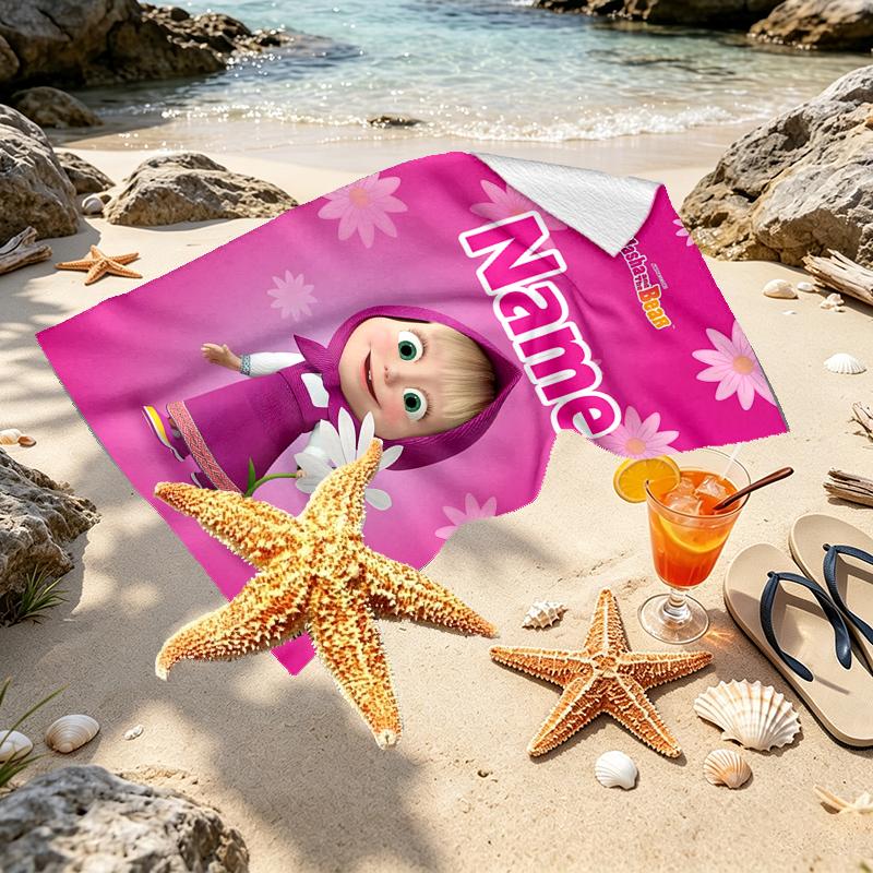 Asciugamano da Spiaggia Personalizzato con Nome Masha e Orso, per Viaggio Campeggio Festa in Spiaggia Decorazione Casa, Regalo di Compleanno per Famiglia e Amici