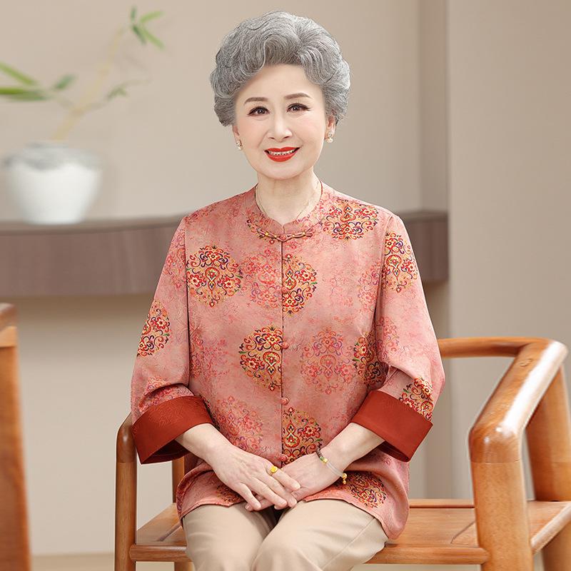 Elegant Chinese-Inspired Jacquard Frog Button Shirt for Middle-Aged Women