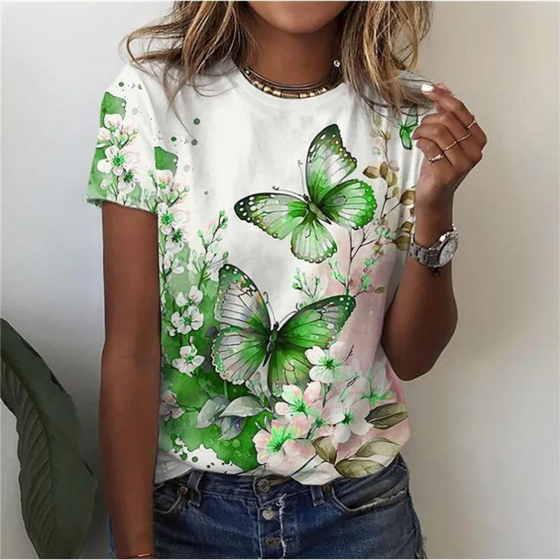

Летний топ с круглым вырезом и 3D-принтом разноцветных бабочек, модная повседневная женская футболка с коротким рукавом 4XL